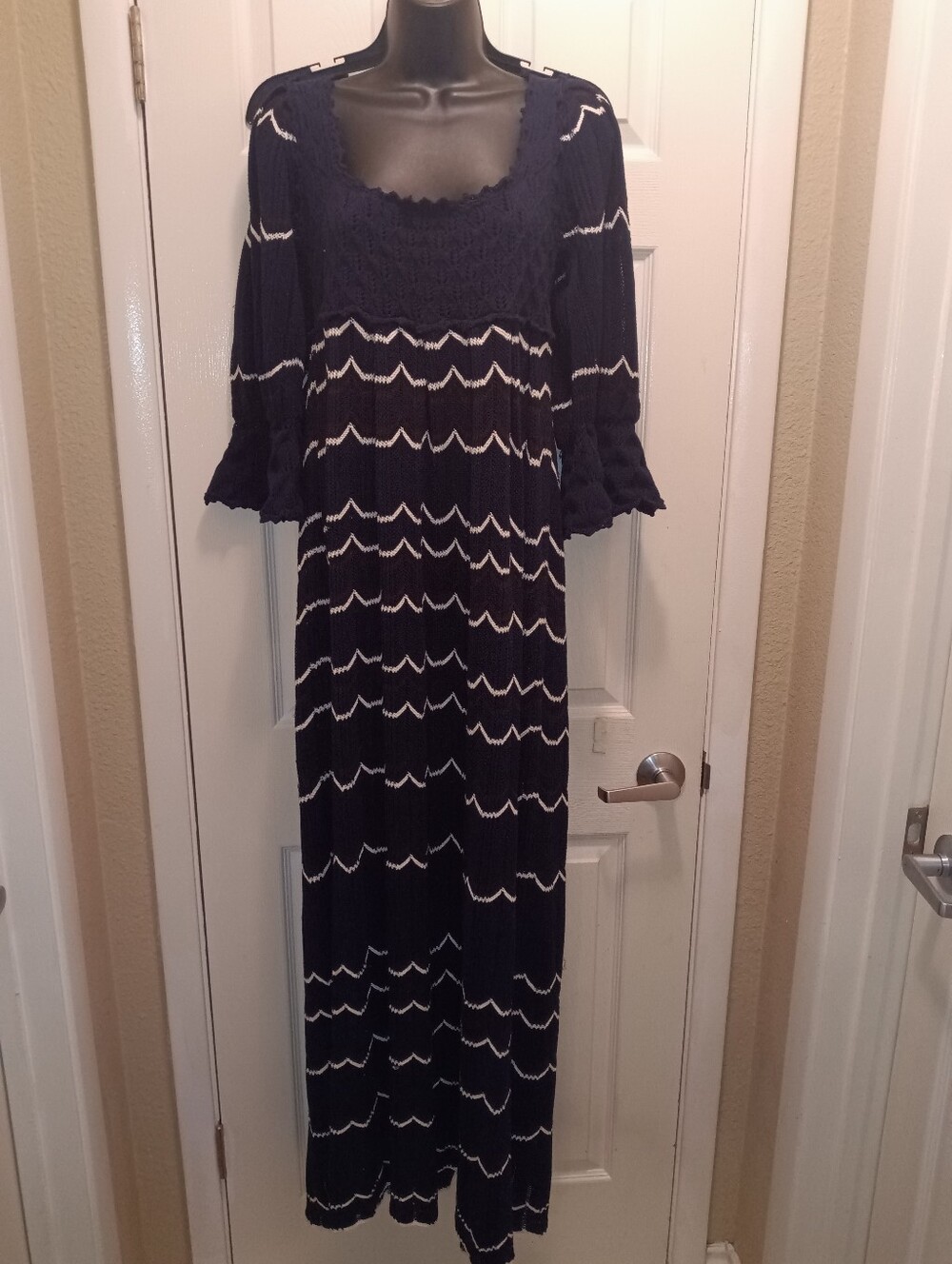 Nwt Rebecca Taylor Navy Maxi Dress with White Brown Chevron Detail